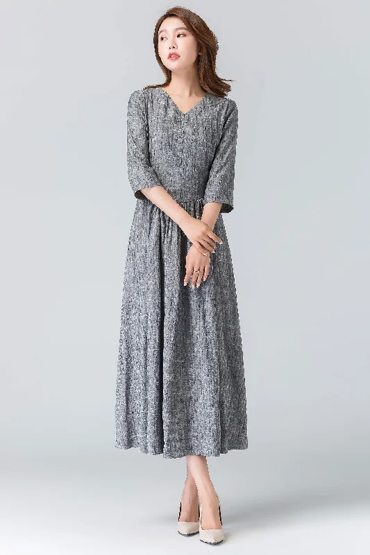 gray linen dress, linen summer dress, midi length dress, pleated dress 1909# Stylish Striped Midi Dress gray linen dress, linen summer dress, midi length dress, pleated dress 1909# Stylish Striped Midi Dress