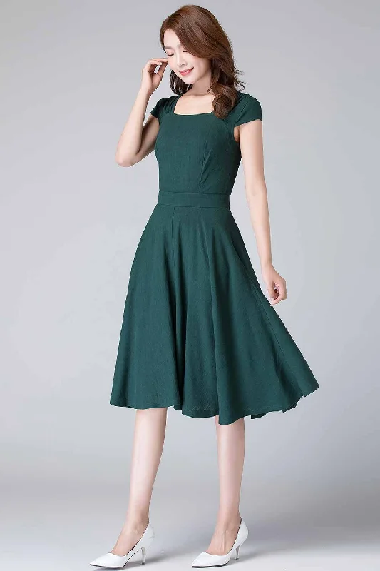 retro green linen midi swing dress 1904# Comfortable Stretch Midi Dress