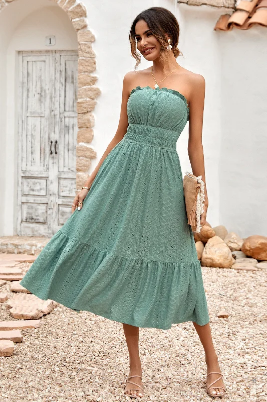 Green Strapless A-line Midi Summer Dress Trendy Tiered Hem Midi Dress