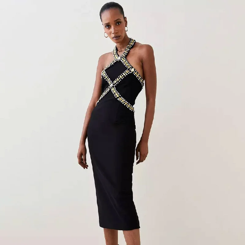 Luxury Rhinestone Embellished Halter Neck Open Back Bandage Midi Cocktail Dress Fashionable Fitted Midi Dress
