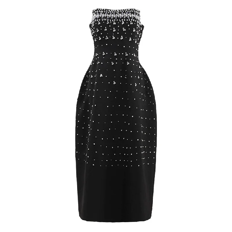 Luxury Rhinestone Pearl Applique Strapless Corset Cocktail Midi Tulip Dress Fashionable Sheer Sleeve Midi Dress