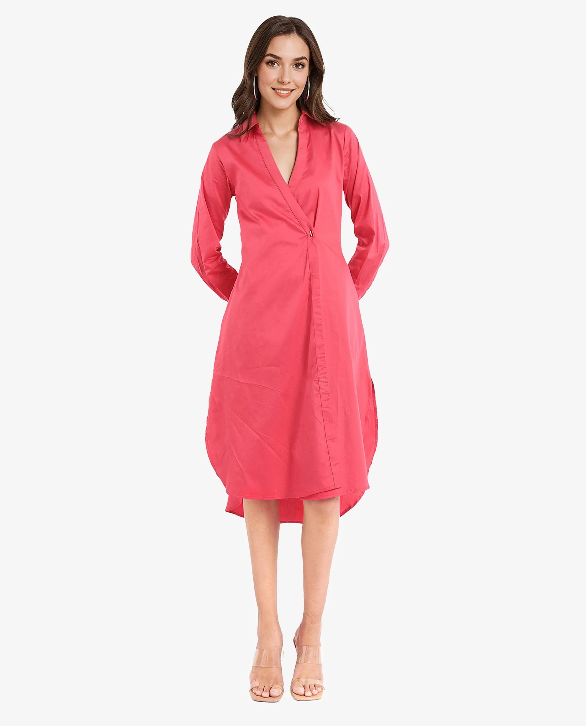 Rareism Women Marunara Red Cuffed Sleeve Jonny Collar Button Closure Relaxed Fit Midi Plain Dress Stylish High-Waisted Midi Dress Rareism Women Marunara Red Cuffed Sleeve Jonny Collar Button Closure Relaxed Fit Midi Plain Dress Stylish High-Waisted Midi Dress