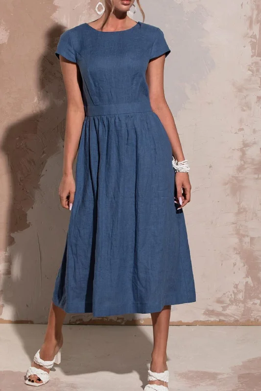 Midi blue summer linen dresses women HY0017 Comfortable Deep V Midi Dress
