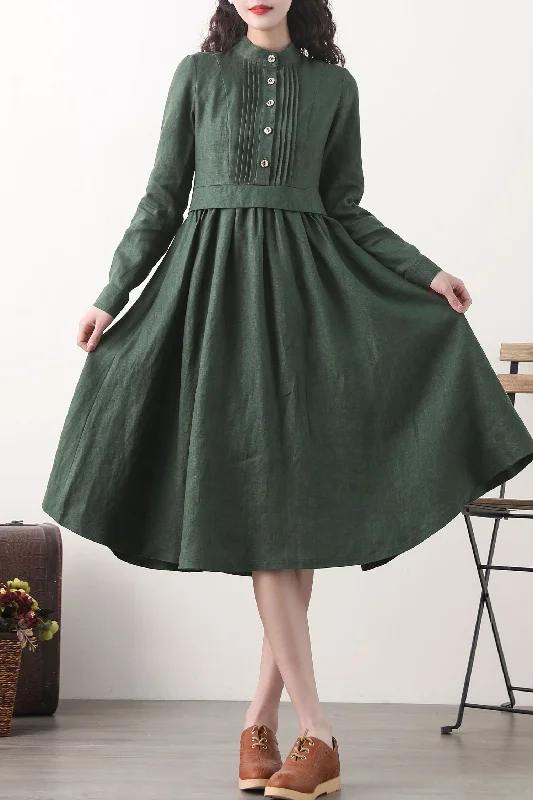 Midi green linen swing spring dresses 2576 Stylish Button-Up Midi Dress