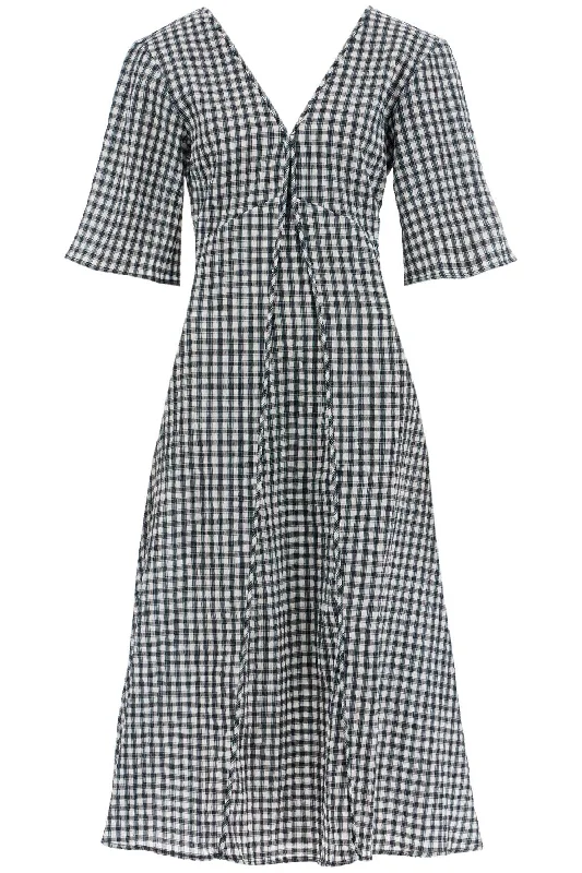 midi seersucker check dress F9308 EGRET Comfortable Sleeveless Midi Dress