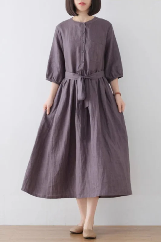 Midi button front summer linen dress women 4832 Stylish Cold Shoulder Midi Dress