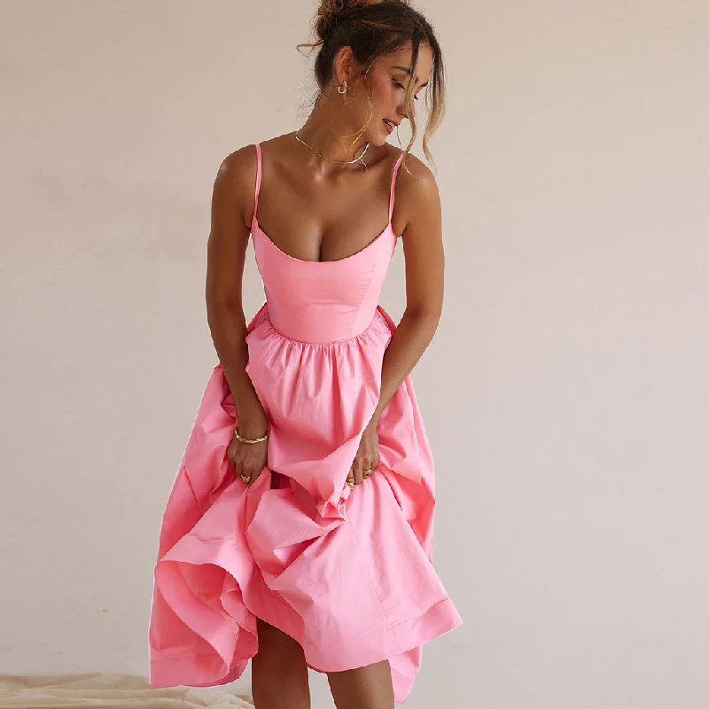 Minimalist Solid Color Spaghetti Strap Pleated Fit and Flare Midi Sundress Comfortable Wrap Midi Dress Minimalist Solid Color Spaghetti Strap Pleated Fit and Flare Midi Sundress Comfortable Wrap Midi Dress