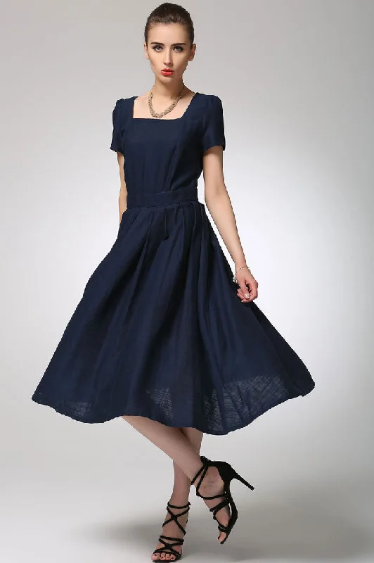 Navy blue linen dress midi women dress 1261# Trendy Smocked Waist Midi Dress