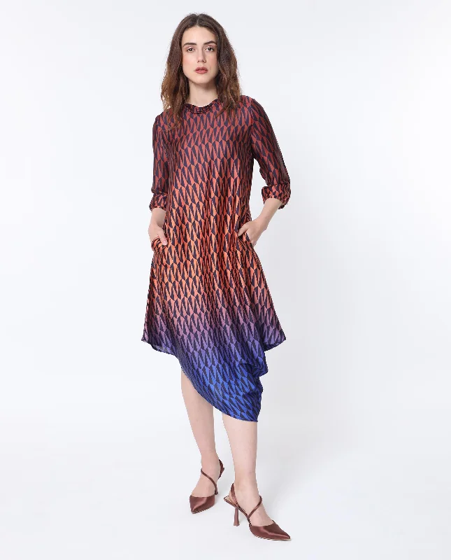Rareism Women Ohren Multi Polyester Fabric 3/4Th Sleeves Zip Closure High Neck Relaxed Fit Geometric Print Midi Asymmetric Dress Trendy Boho Midi Dress Rareism Women Ohren Multi Polyester Fabric 3/4Th Sleeves Zip Closure High Neck Relaxed Fit Geometric Print Midi Asymmetric Dress Trendy Boho Midi Dress