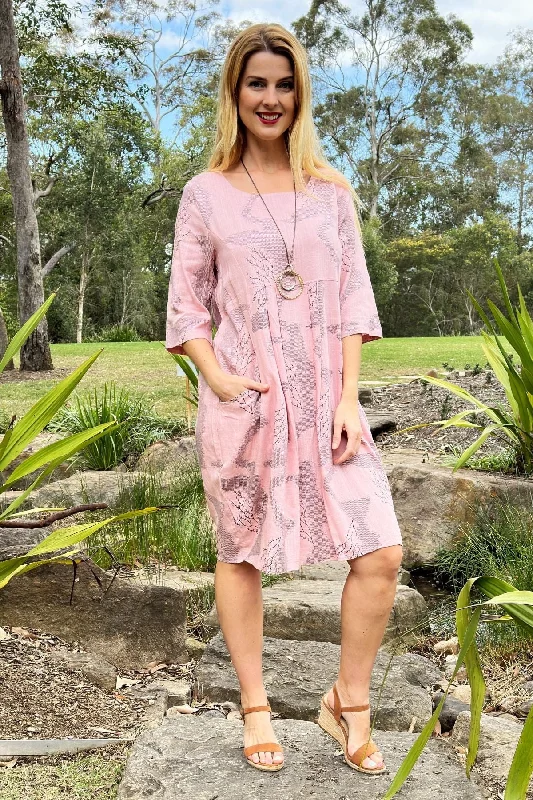 Pink Forest Midi Tunic Dress Stylish Long Sleeve Floral Midi Dress