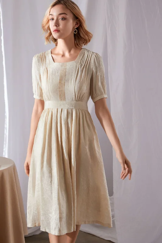Pleated summer midi swing linen dresses 3461 Stylish High-Waisted Midi Dress