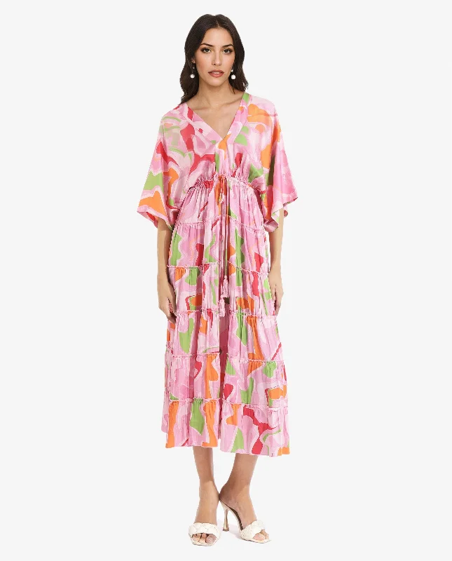 Rareism Women Quil Pastel Multi Extended Sleeves V-Neck Tie Up Fit And Flare Midi Abstract Print Dress Fashionable High-Low Midi Dress Rareism Women Quil Pastel Multi Extended Sleeves V-Neck Tie Up Fit And Flare Midi Abstract Print Dress Fashionable High-Low Midi Dress