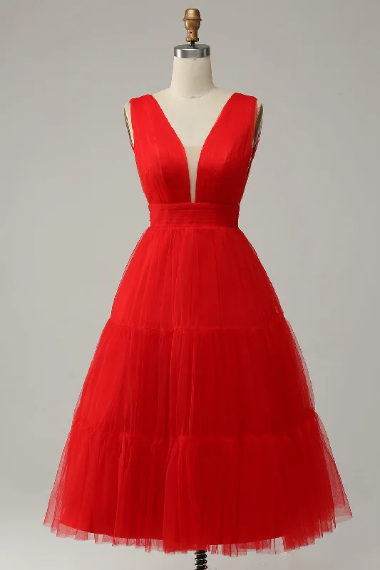 Red A Line Deep V Neck Midi Prom Dress with Open Back Stylish Off-Shoulder Ruffle Dress Red A Line Deep V Neck Midi Prom Dress with Open Back Stylish Off-Shoulder Ruffle Dress