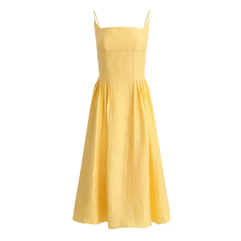 Sexy Lace Up Backless Square Neck Pleated Crinkled Midi Sundress Chic Bohemian Midi Dress