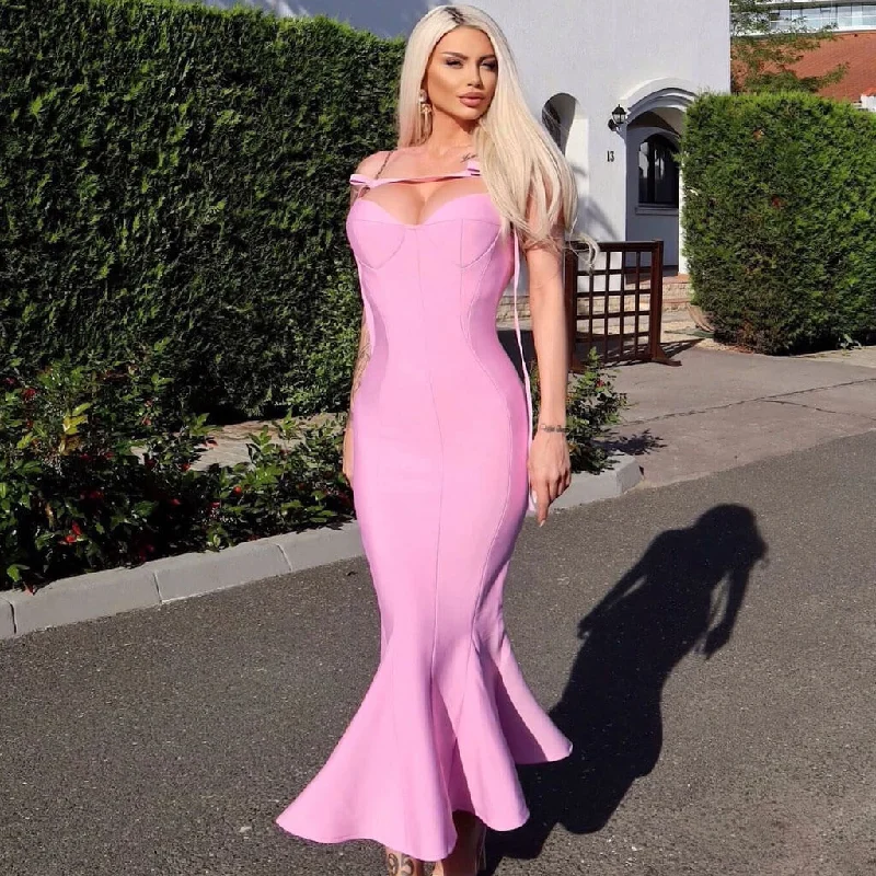 Sexy Ribbon Chain Strap Sweetheart Cutout Bandage Midi Party Mermaid Dress Stylish Long Sleeve Floral Midi Dress
