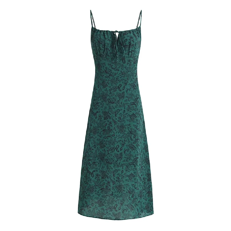 Sexy Tie Neck Spaghetti Strap Smocked A Line Paisley Print Midi Sundress Comfortable Floral Print Midi Dress