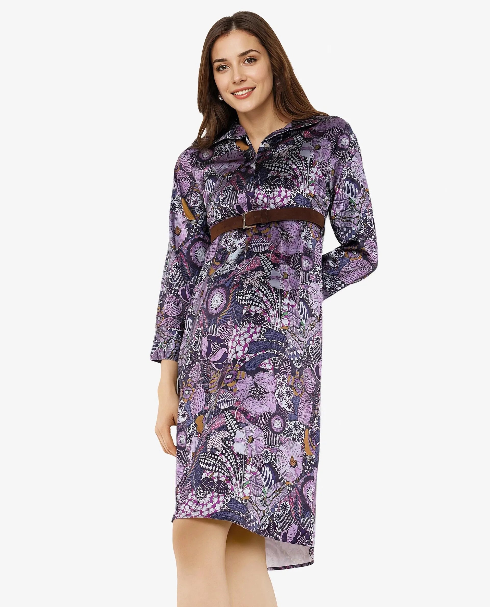 Rareism Women Shapat Multi Satin 3/4Th Sleeve High Neck Button Closure A-Line Midi Abstract Print Dress Stylish Button-Down Midi Dress Rareism Women Shapat Multi Satin 3/4Th Sleeve High Neck Button Closure A-Line Midi Abstract Print Dress Stylish Button-Down Midi Dress