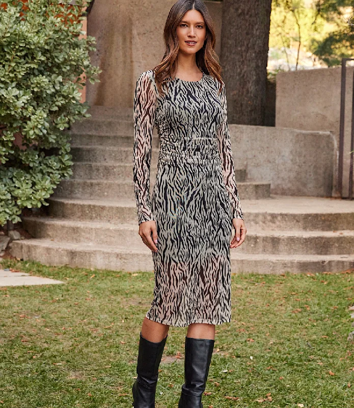 Side Shirred Midi Mesh Dress Trendy Midi Dress with Belt
