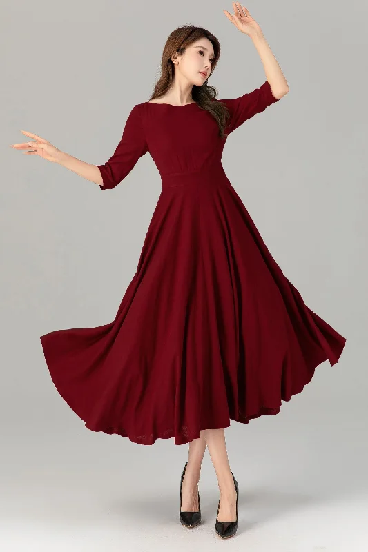 Swing red midi summer linen dress 4908 Chic Off-Shoulder Midi Dress