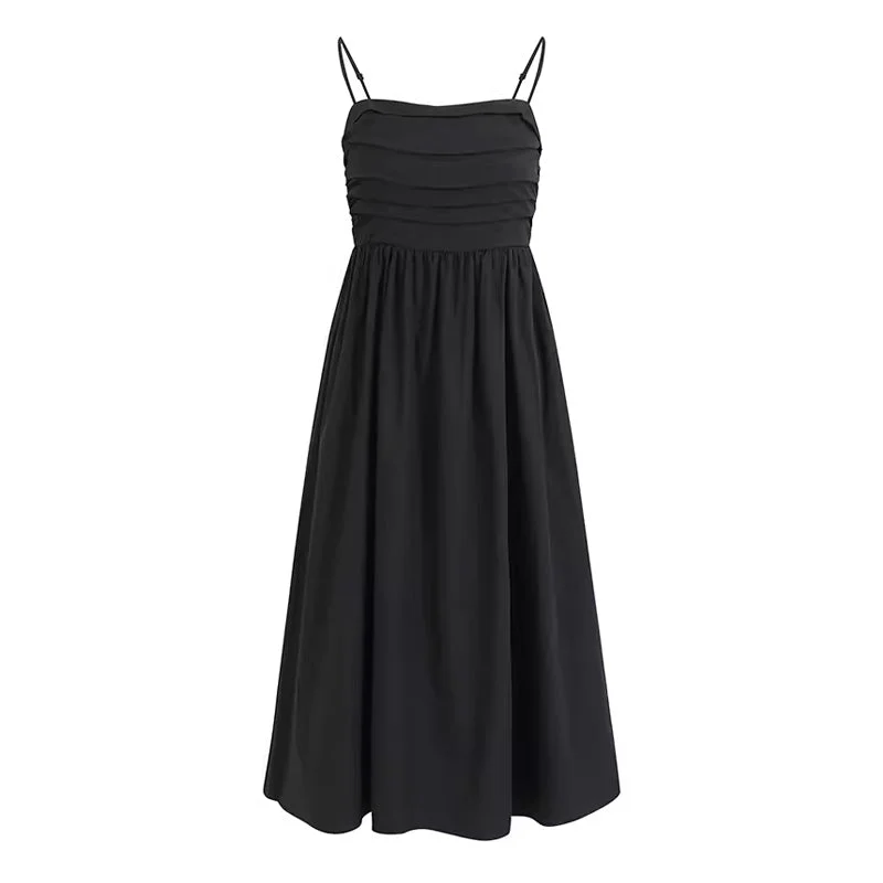 Vintage Square Neck Spaghetti Strap Ruched Fit and Flare Midi Sundress Elegant Lace Trim Midi Dress