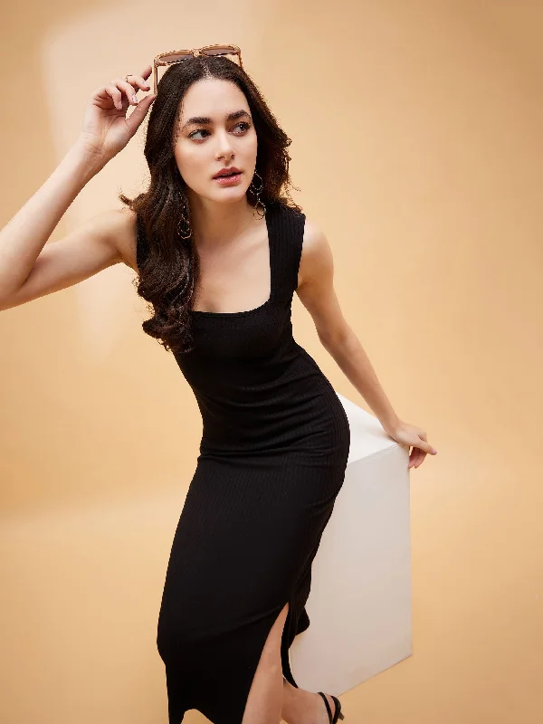 Women Black Rib Square Neck Midi Slit Dress Comfortable Sleeveless Midi Dress