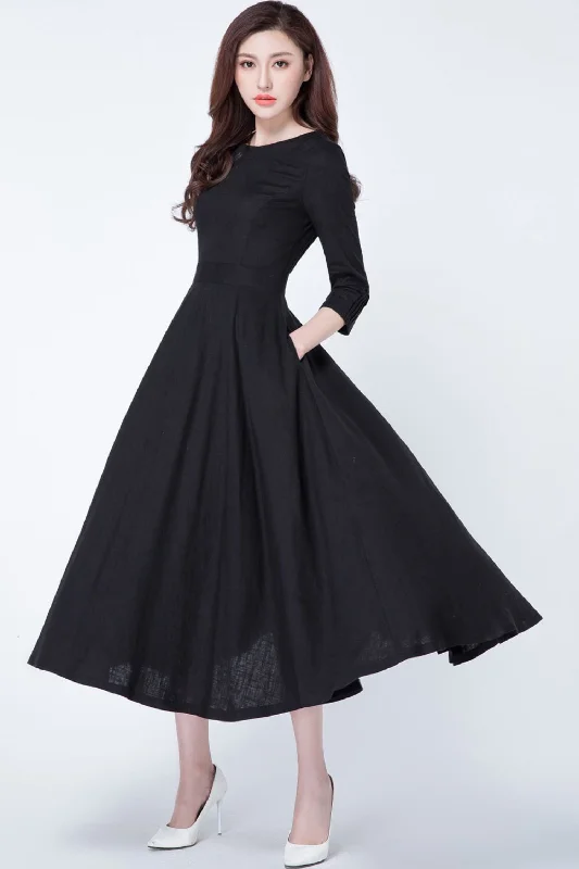 Women's fit and flare Midi black linen dress 1728 Stylish Vintage Midi Dress