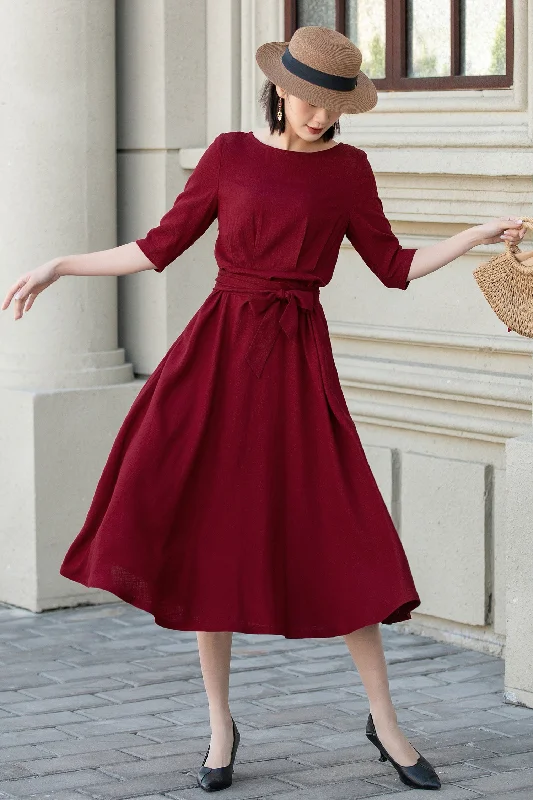 Womens red linen midi summer dress 4894 Fashionable Chiffon Midi Dress