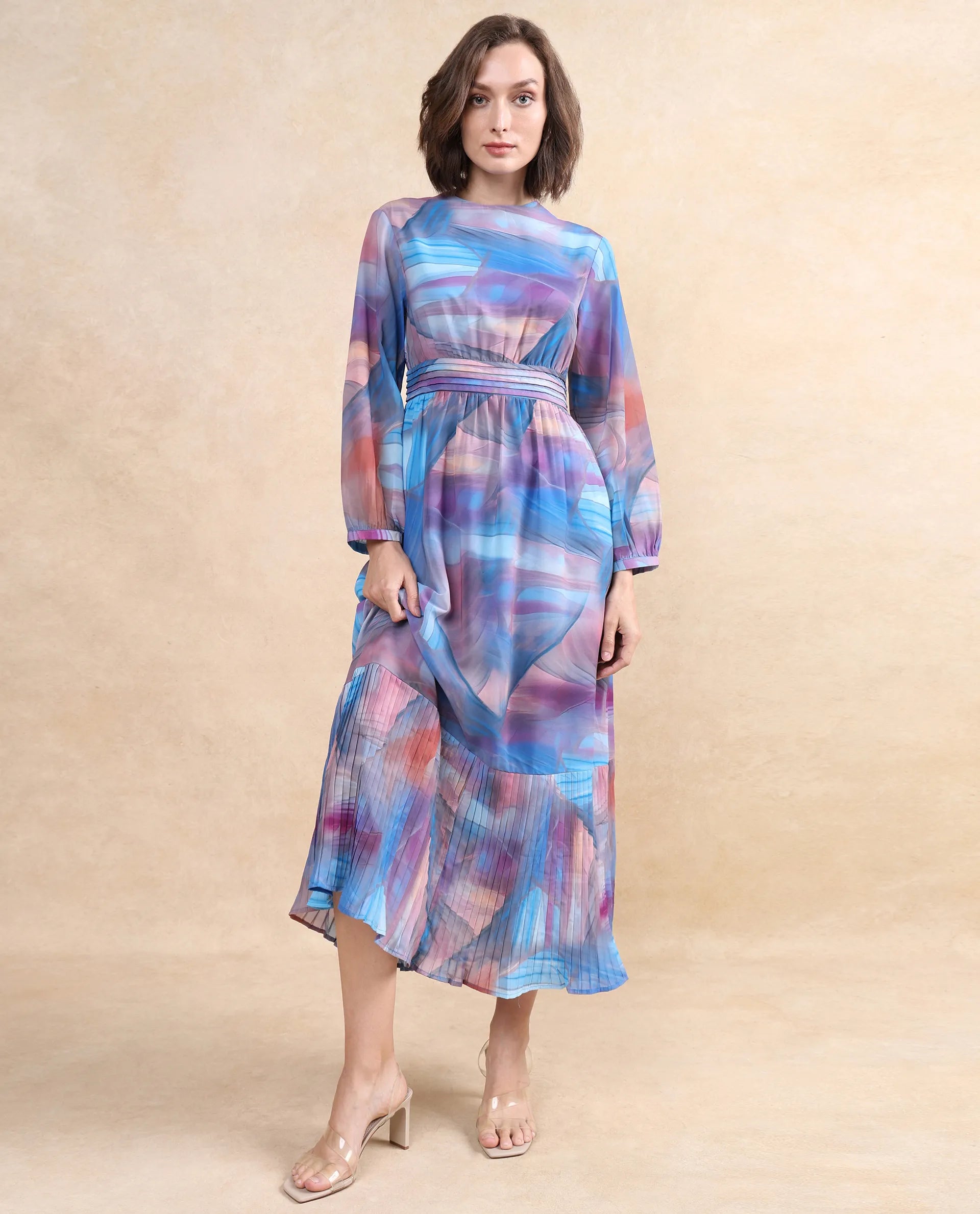 Rareism Women Yason Multi Bishop Sleeve Round Neck Zipper Closure Fit And Flare Midi Abstract Print Dress Stylish Pleated Skirt Midi Dress Rareism Women Yason Multi Bishop Sleeve Round Neck Zipper Closure Fit And Flare Midi Abstract Print Dress Stylish Pleated Skirt Midi Dress