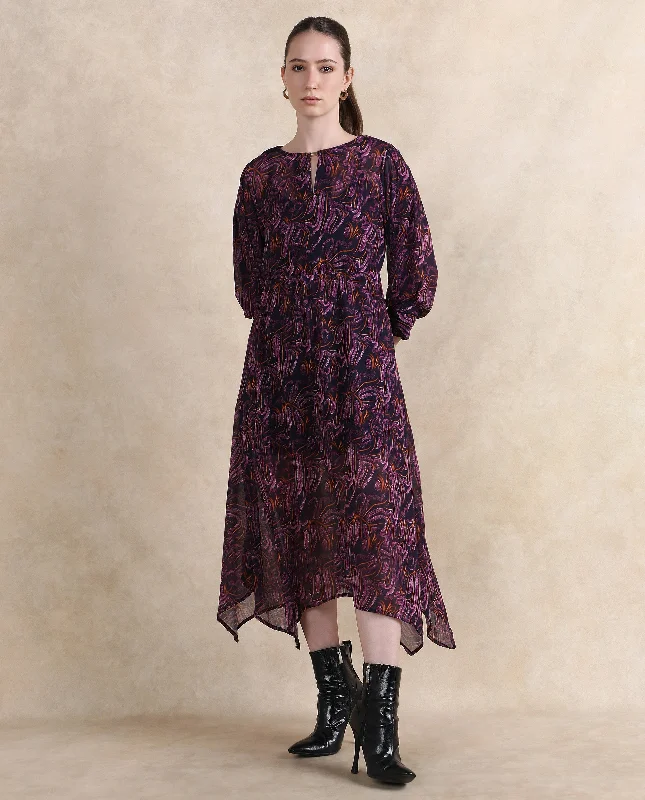 Rareism Women Yerevan Dark Multi Puffed Sleeve Round Neck Zipper Closure Asymmetric Midi Abstract Print Dress Comfortable Stretch Midi Dress Rareism Women Yerevan Dark Multi Puffed Sleeve Round Neck Zipper Closure Asymmetric Midi Abstract Print Dress Comfortable Stretch Midi Dress