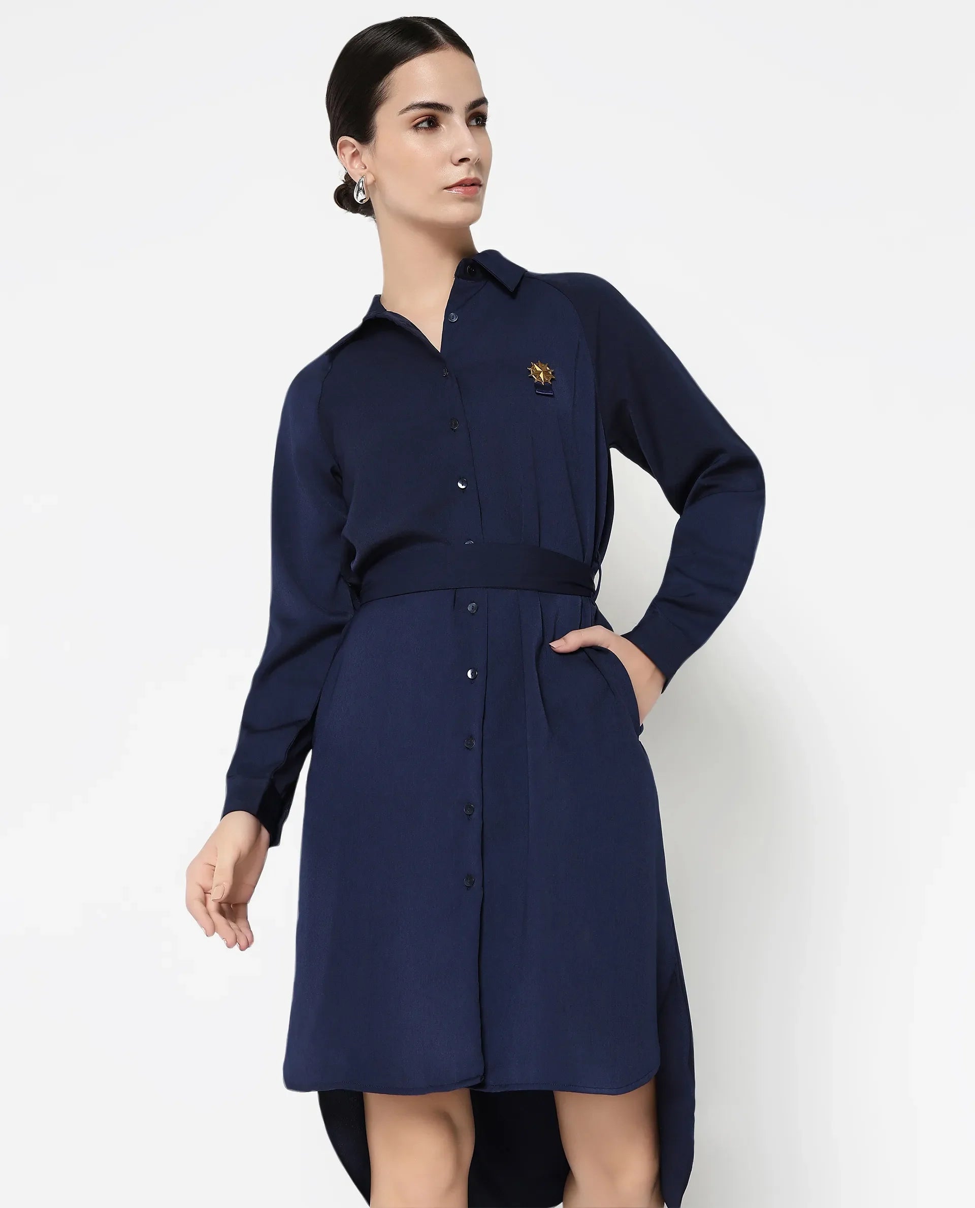 Rareism Women Yulu Navy Satin Cuffed Sleeves Collared Neck Button Closure Straight Fit Midi Plain Dress Comfortable Button Front Midi Dress Rareism Women Yulu Navy Satin Cuffed Sleeves Collared Neck Button Closure Straight Fit Midi Plain Dress Comfortable Button Front Midi Dress