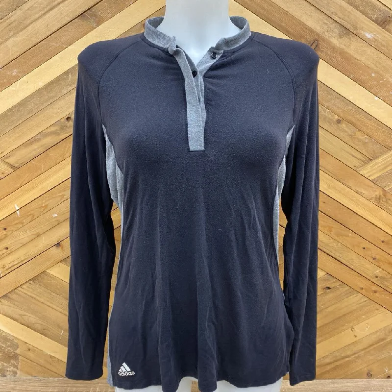 adidas - Women's L/S 1/4-Button T-Shirt - MSRP comp $60: Black/Grey-women-MD-- Welt Pockets Slit Pockets adidas - Women's L/S 1/4-Button T-Shirt - MSRP comp $60: Black/Grey-women-MD-- Welt Pockets Slit Pockets