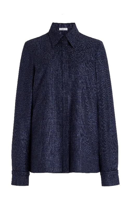 Cruz Shirt in Dark Navy Virgin Wool Silk Tweed-- Ribbed T-Shirt High Neck Heavyweight Cruz Shirt in Dark Navy Virgin Wool Silk Tweed-- Ribbed T-Shirt High Neck Heavyweight